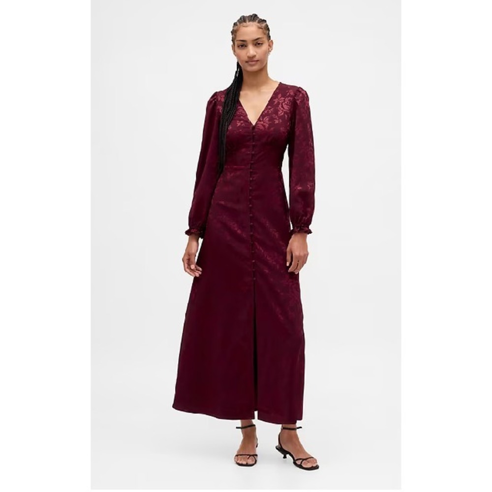 Gap Women's Sz S Maroon Floral Long‎ Sleeve Smocked Back V-Neck Maxi Dress NWT